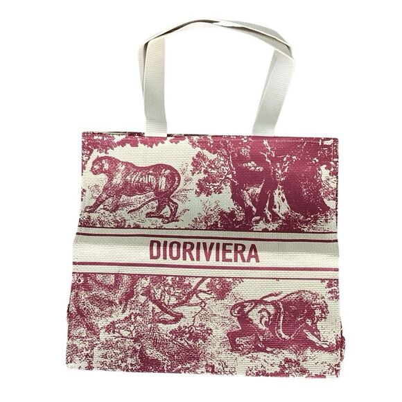 New Christian Dior Dioriviera Straw Tote Bag Purse Red Beige GWP w/ Star Charm - Picture 2 of 8